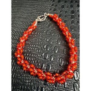 Vintage Seedbead Red Rope Spiral Bracelet Silver Toggle Clasp 6.75 Inch